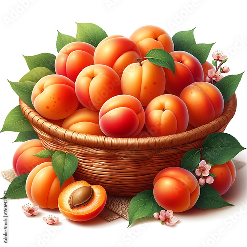 PNG,Fresh apricots in a basket, isolated on white background

