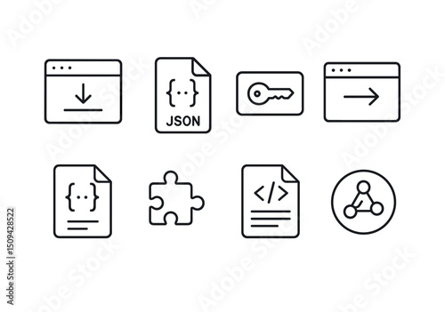 Api integration linear icons set – outline, connection and automation symbols
