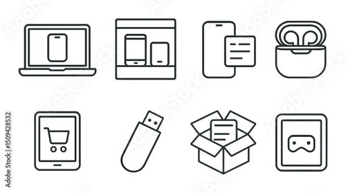 Tech and communication linear icons set – outline, digital and device symbols for apps
