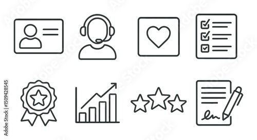 Client relations outline icons set – minimalist, communication and engagement symbols