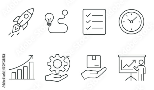 Execution and planning outline icons set – workflow, management, strategy symbols