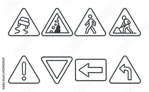 Road sign outline icons set – silhouette, traffic and warning symbols collection