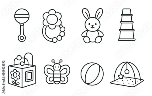 Baby toys outline icons set – playful, nursery and infant symbols collection