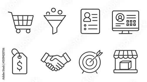 Sales tools outline icons set – simple, business and commerce design elements