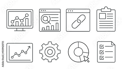 Seo tools outline icons set – linear analytics, search, and optimization symbols