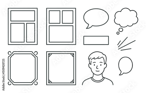 Comic storytelling silhouette icons set – outline, narrative and creative art elements