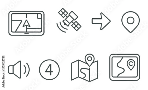 Gps navigation outline icons set – map, route, and direction symbols