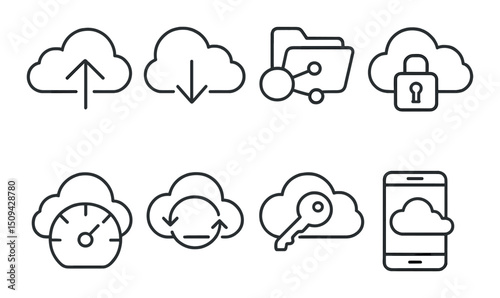 Cloud storage line icons set – outline, data backup and security symbols