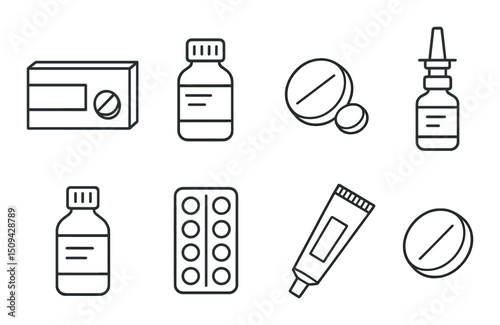 Pharmacy essentials linear icons set – outline, medical and healthcare symbols
