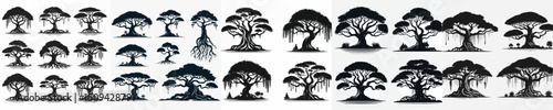 Vector set image silhouette of banyan tree.
