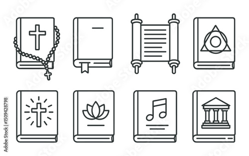 Religious books outline icons set – spiritual, sacred texts and faith symbols