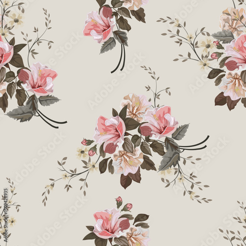 A delicate seamless vintage floral pattern featuring soft pink and cream flower bouquets with elegant sprigs on a light beige background, ideal for textiles and design
