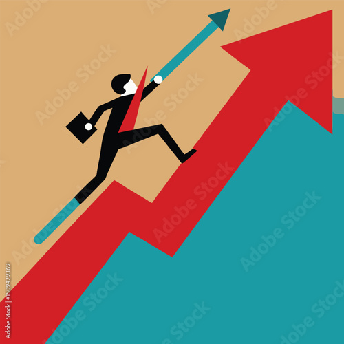 Abstract 3D cartoon businessman drawing a rising red arrow graph, symbolizing success and risk in business competition