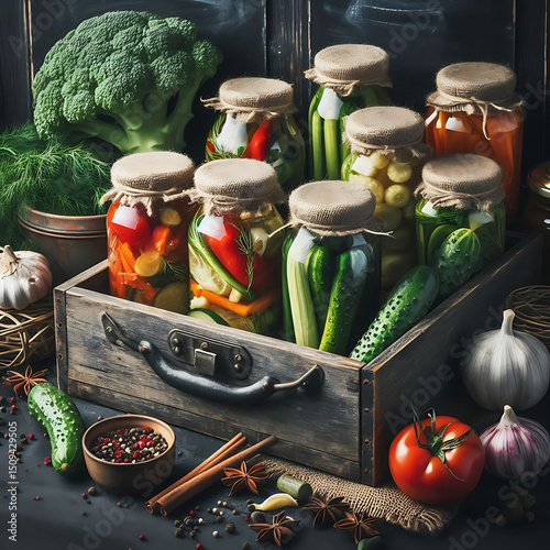 Vegetables in Glass jar. Pickled cucumbers and tomatoes. Home canning. Preparing food for the winter. Stocks in the closet. Flat style in vector illustration. Isolated element.