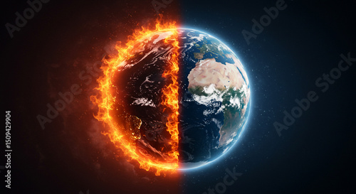 A split earth with one half engulfed in flames and the other half showing continents and oceans
