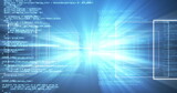 Displaying programming code text streaming through virtual tunnel, with central beam and UI panels