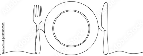 One continuous line illustration of plate, knife and fork