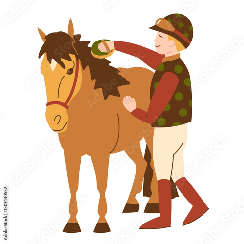 Young jockey prepares his pony for the race