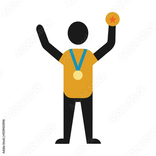 Victorious businessman in a suit with arms raised, symbolizing success in the office