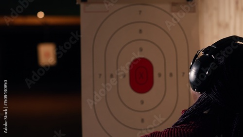 Quadro su tela Friends in firing range doing recreational shooting, pressing mechanism to recall paper targets