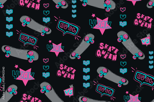 Abstract seamless girlish pattern with skateboards, stars, motivation phrases, hearts. Repeat print for girl, fashion textile, sport clothes. Skateboarding print