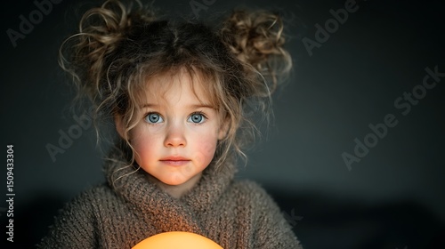 Sweet little girl holding a warm glowing night light in her hands, creating cozy childhood magic perfect for parenting blogs and nursery decor