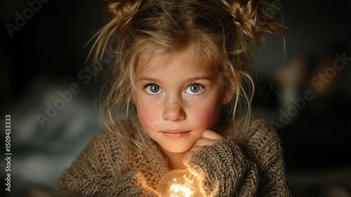 Sweet little girl holding a warm glowing night light in her hands, creating cozy childhood magic perfect for parenting blogs and nursery decor