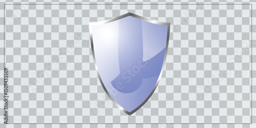Transparent Glossy Blue Glass Shield with Neon Glow Effect and Soft Light on Checkerboard Background for Security Design