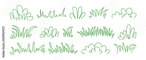 Grass line icon, bush meadow doodle, grass tuft outline design, small lawn, green sketch plant on white bg. Garden thicket hand drawn border. Floral scribble set editable stroke. Vector illustration