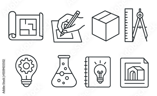 Inventor's toolset line icons set – engineering, design, drafting essentials