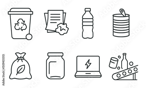 Recycling linear icons set – waste management, sustainable environment symbols
