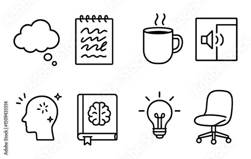 Brainstorming outline icons set – creative, planning and idea generation symbols