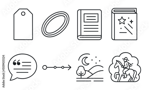 Fiction and nonfiction outline icons set – silhouette, literary and book symbols