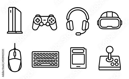 Gaming devices outline icons set – silhouette, gadgets and tech symbols for design