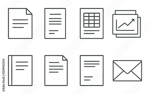 Office document outline icons set – files, digital data and organization symbols