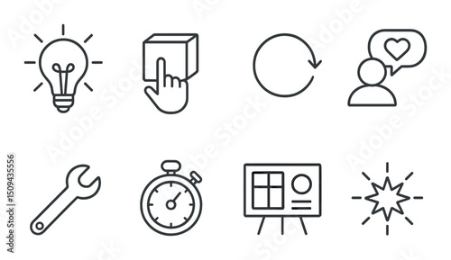 Innovation process outline icons set – creativity, design thinking and solution symbols