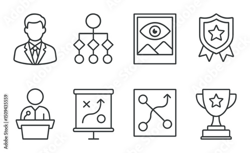Leadership silhouette icons set – simple, management and strategy symbols for teams
