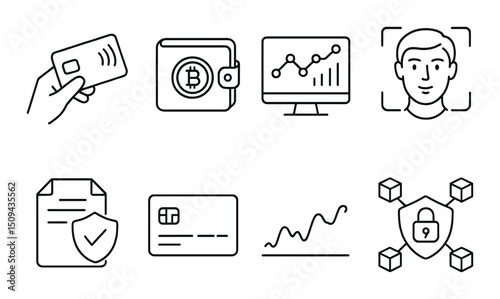 Fintech and cryptocurrency line icons set – outline, digital finance and security symbols