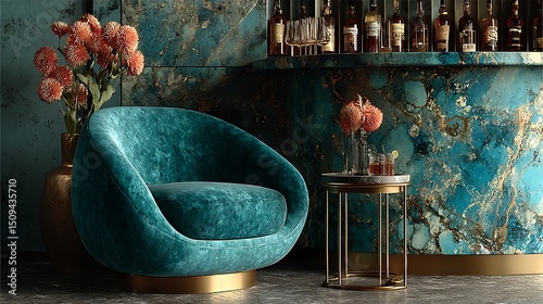 Luxury teal velvet chair paired with gold bar stool in moody modern lounge, perfect for interior design blogs and upscale hospitality projects