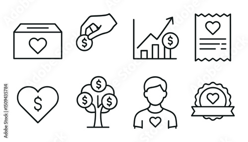Charity and donation line icons set – outline, giving and fundraising symbols collection
