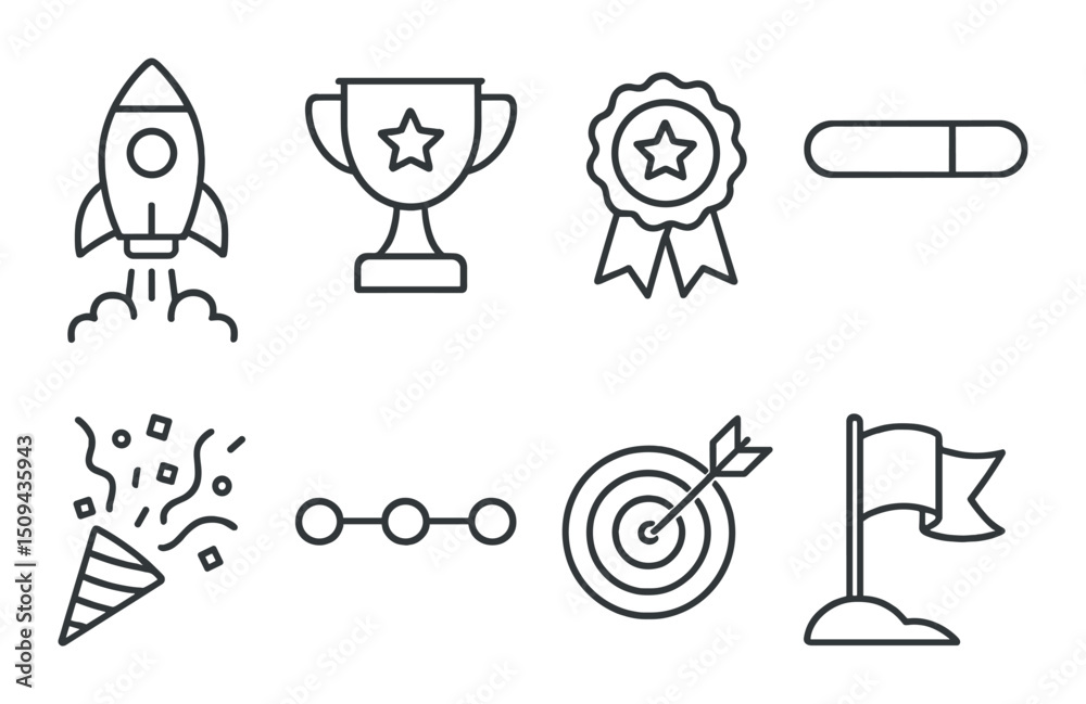 Project milestone linear icons set – outline symbols for goals and achievements