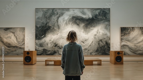 A confident young woman stands before a vibrant modern artwork, passionately speaking, ideal for creativity, art galleries, and educational presentations