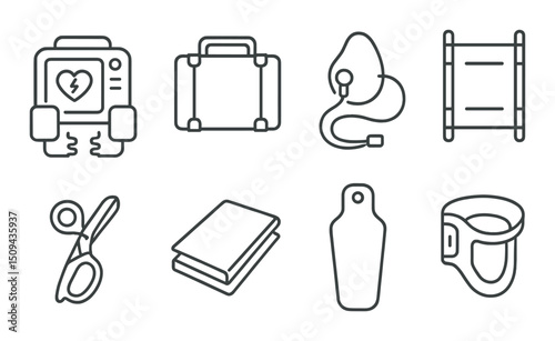 Emergency kit essentials outline icons set – survival, safety and preparedness symbols