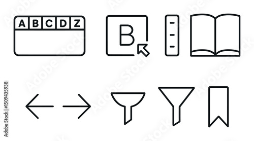 Dictionary and navigation outline icons set – silhouette, direction and reference symbols