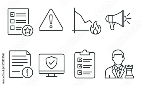 Crisis management outline icons set – emergency, risk and strategy symbols