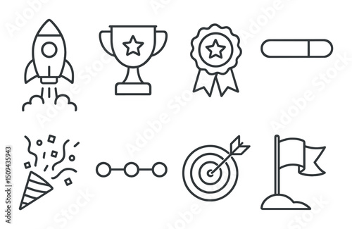 Project milestone linear icons set – outline symbols for goals and achievements