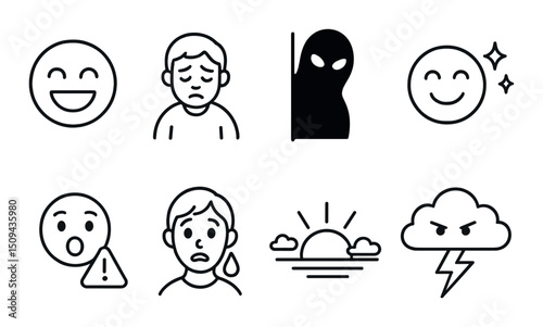 Emotional outline icons set – mood, expression, and feeling symbols for design