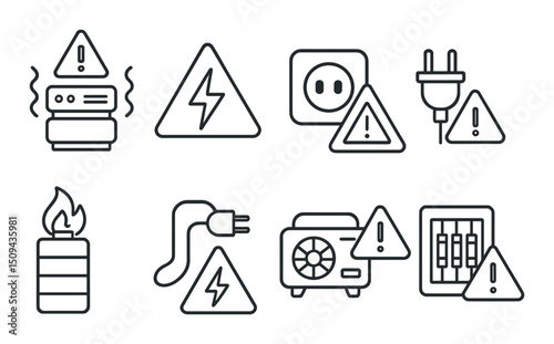 Power warning outline icons set – electrical hazard and caution symbols collection