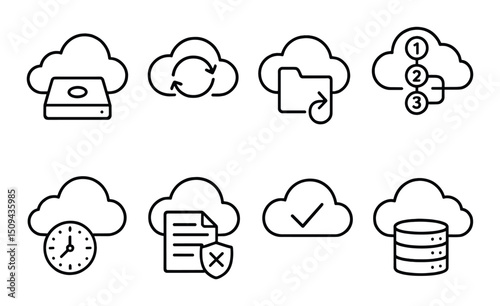 Cloud backup outline icons set – data security, storage, and digital protection symbols