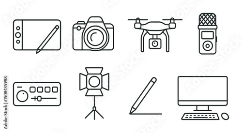 Technology and media outline icons set – gadgets, devices, and tech symbols